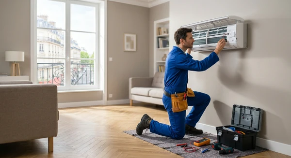 Technicien qualifié en tenue professionnelle effectuant l'installation ou la maintenance d'une unité intérieure de climatisation (console murale ou cassette) dans un salon résidentiel moderne, mettant en évidence le travail de précision et la qualité technique de l'intervention sur cet équipement spécifique.
