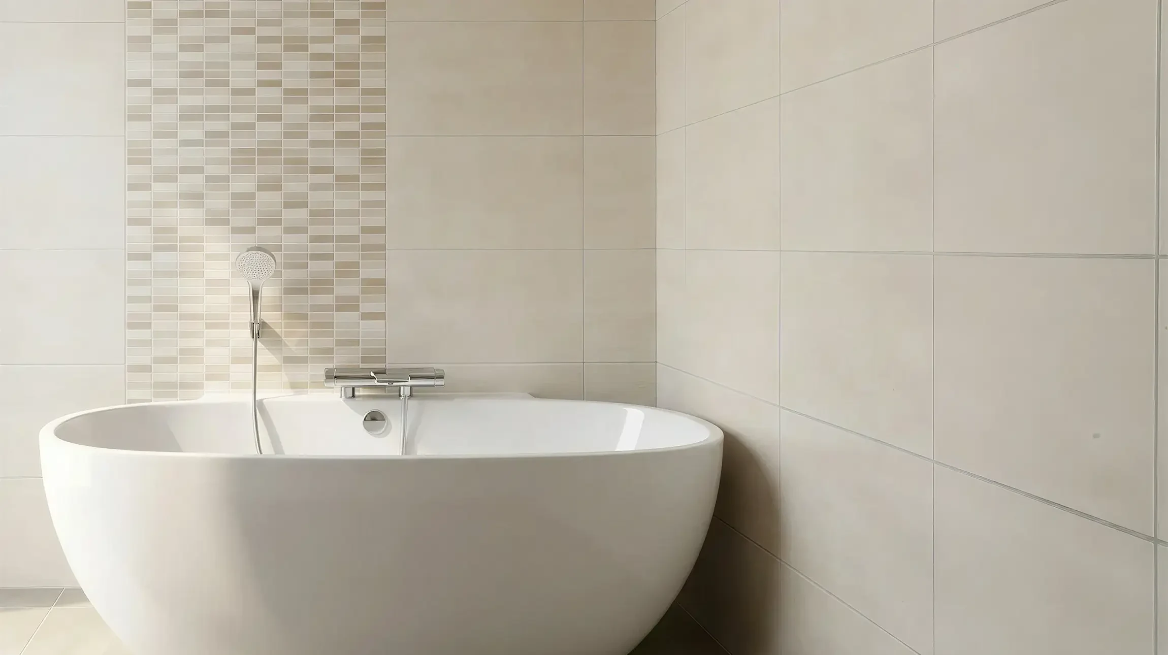 Salle de bain épurée avec baignoire îlot blanche autoportante, robinetterie murale chromée avec douchette à main