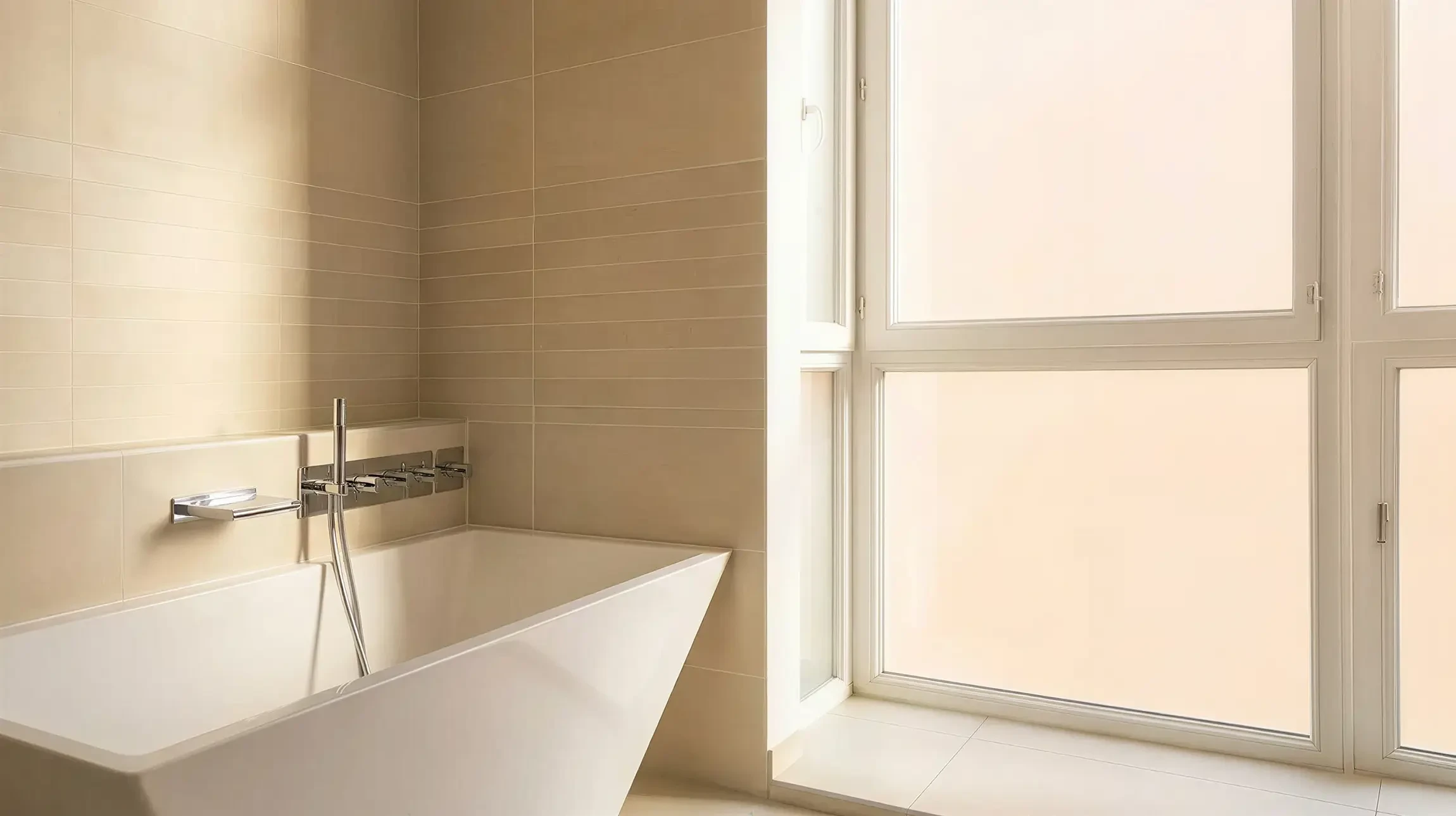 Salle de bain épurée, baignoire autoportante rectangulaire blanche encastrée contre mur carrelé beige